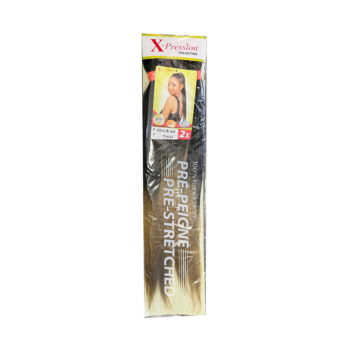 Extensions pour cheveux X-Pression Pre-Peigne T1B/27 en emballage, franges pré-étirées pour un look élégant.