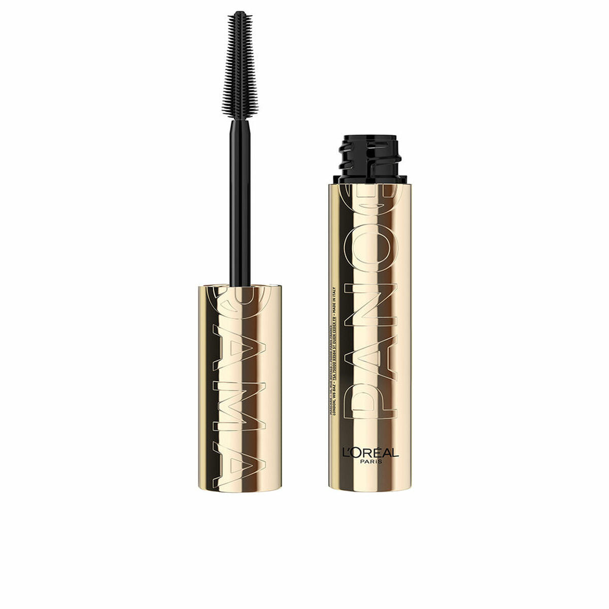 Mascara L'Oreal Make Up Panorama Noir, tube doré avec brosse, pour un regard intense et captivant.