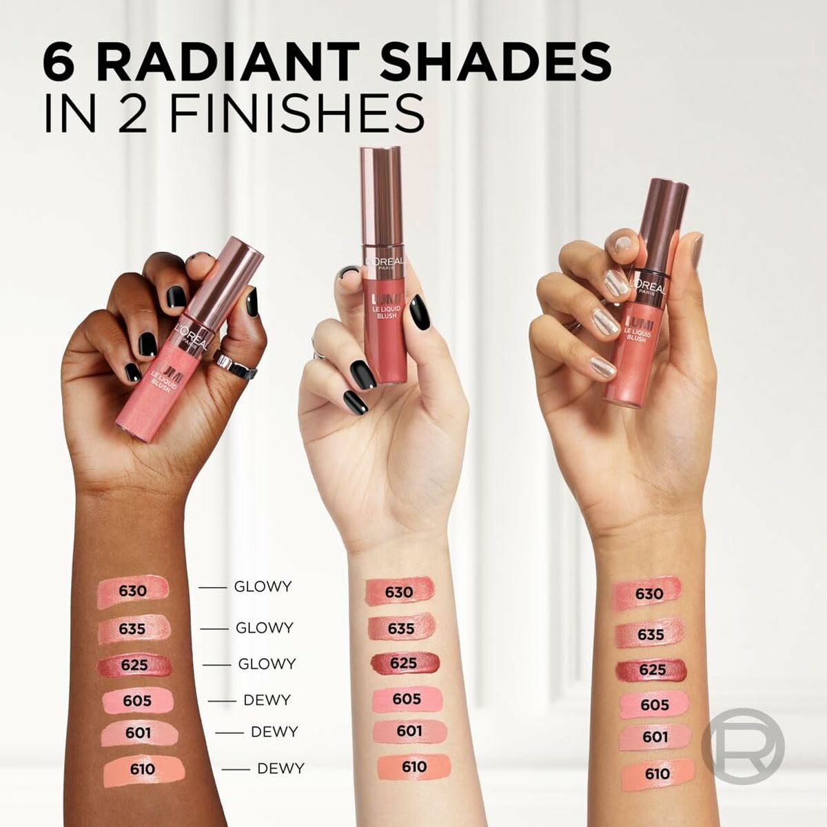 Display of 6 radiant lipstick shades in 2 finishes, showcasing colorful swatches on diverse skin tones.