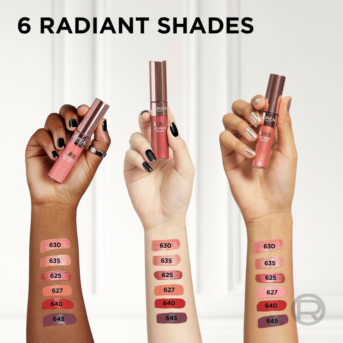 Set de Maquillage L'Oreal LUMI showing 6 radiant lip shades on hands with vibrant colors and swatches.