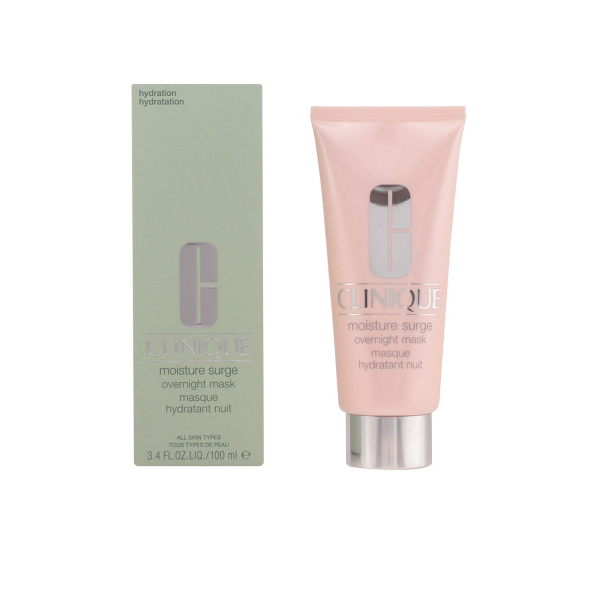 Crème de nuit Moisture Surge Clinique 100 ml, masque hydratant pour femme, packaging et tube en vue.