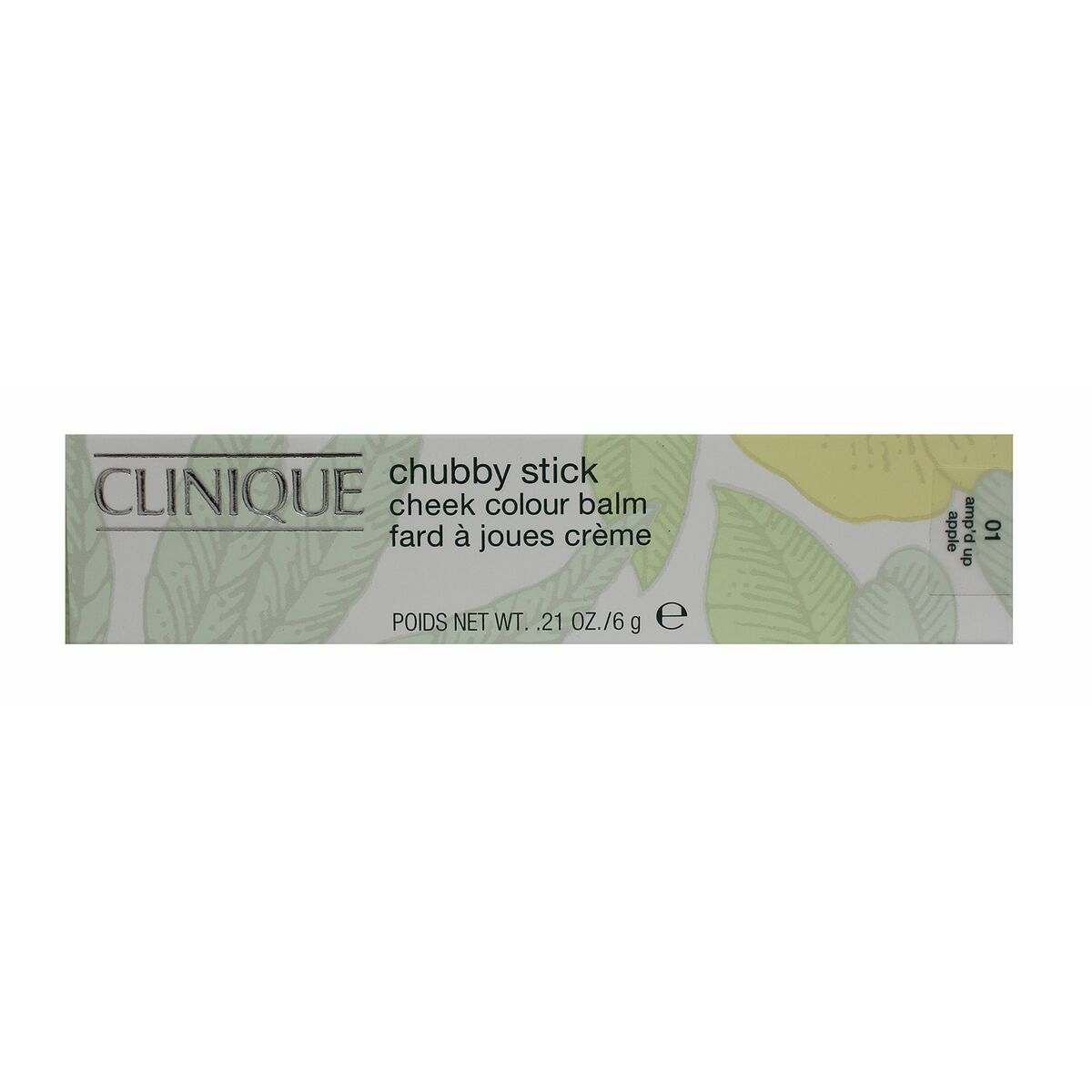 Clinique Chubby Stick cheek colour balm 6g packaging with leaf design for a natural makeup look.
