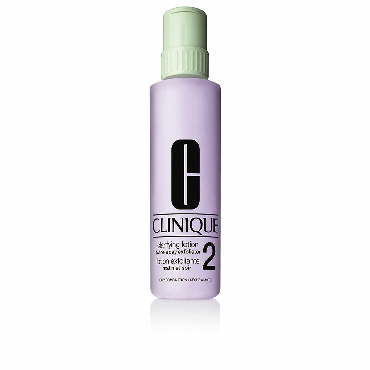 Clinique Clarifying Lotion 2 in a purple bottle, designed for dry combination skin, 100% original women's skincare.