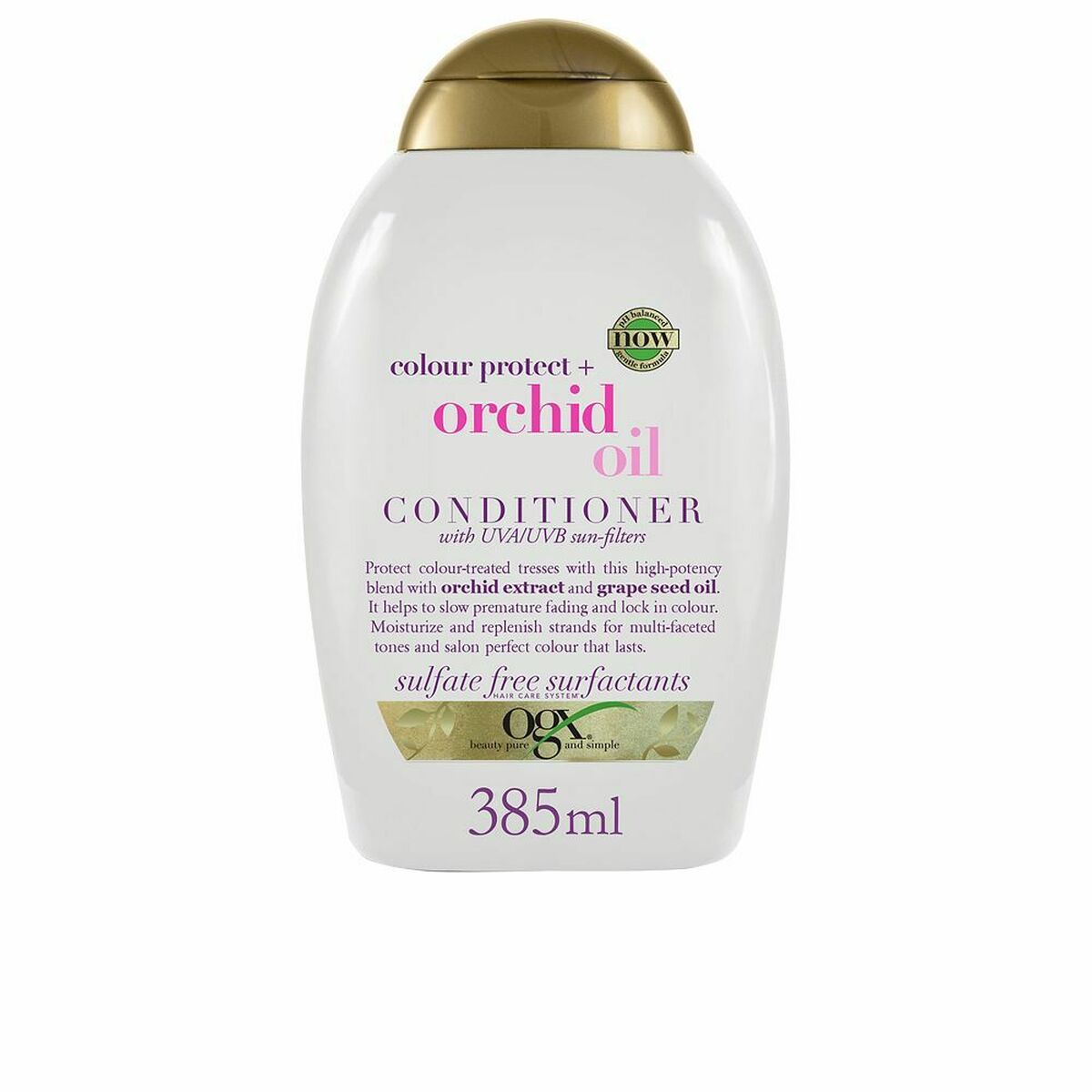 Après-shampooing OGX Protecteur de couleur Orchidée 385 ml, idéal pour cheveux colorés, sans sulfates, hydrate et protège.