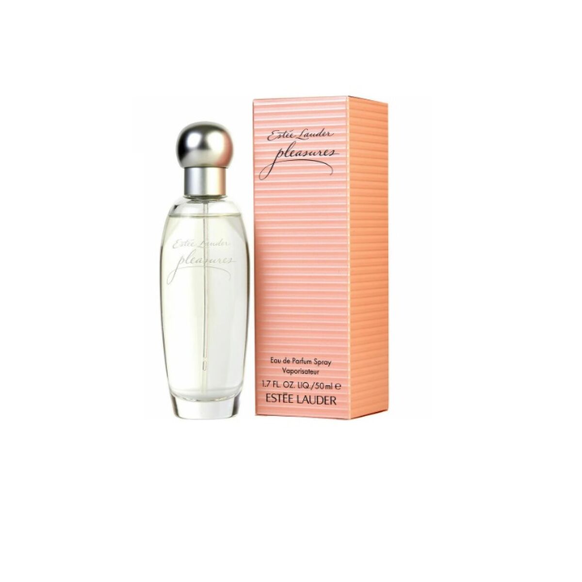 Parfum femme Estée Lauder Pleasures EDP 50 ml avec flacon et emballage rose.