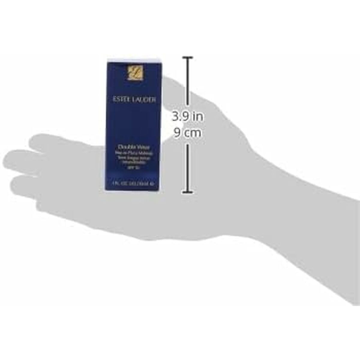 Packshot of Estee Lauder Double Wear Stay-in-Place Foundation in 30 ml size, shown in hand for scale.