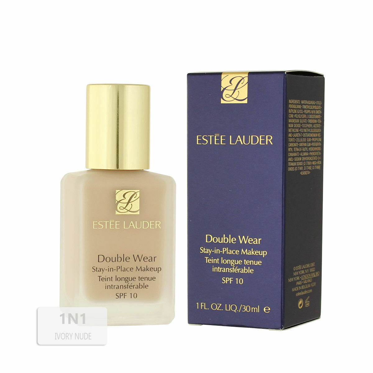 Base de maquillage liquide Estee Lauder Double Wear Stay-in-Place Nº 1N1 Ivory Nude SPF 10, 30 ml flacon et emballage.