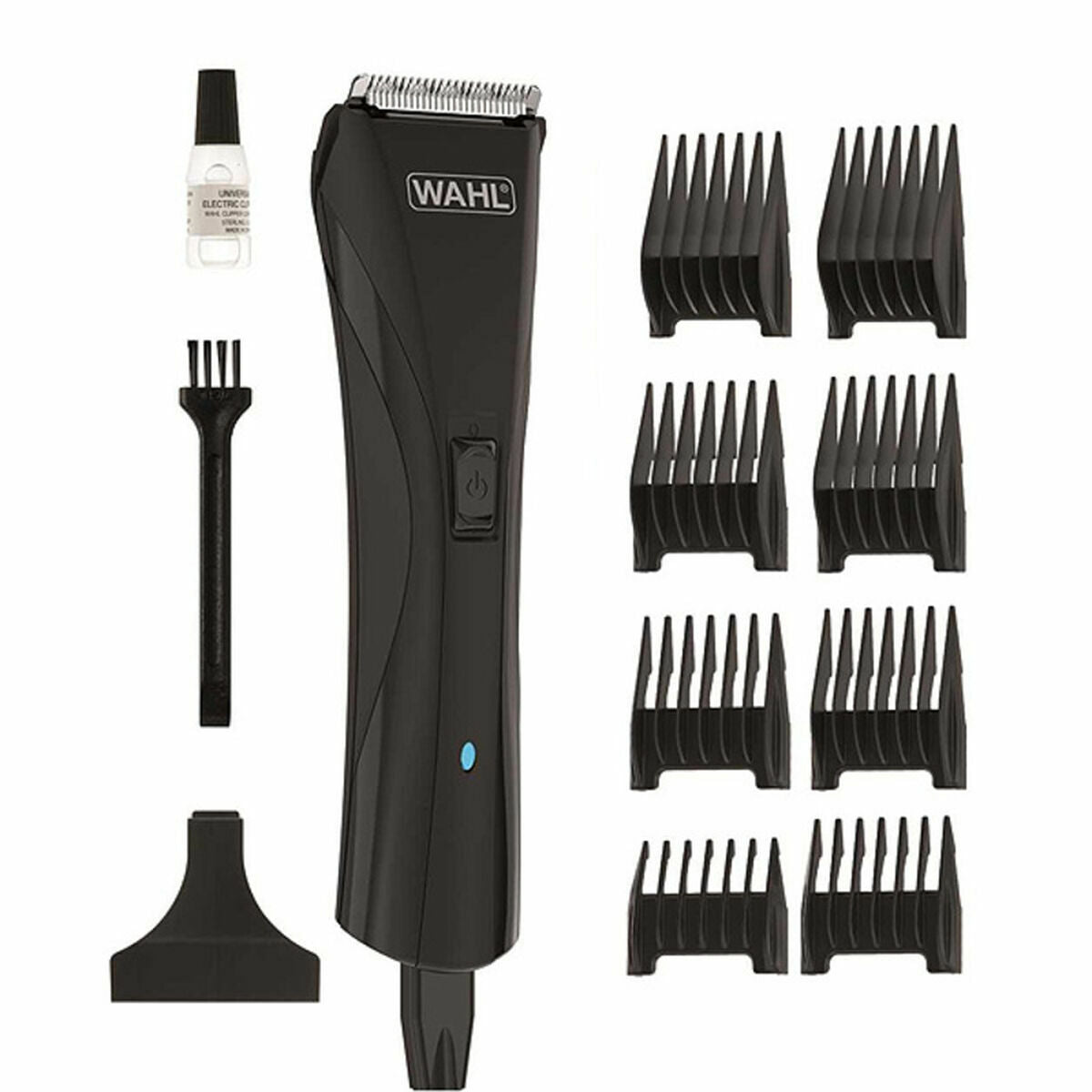 Tondeuse Wahl 9699-1016 avec accessoires: 8 peignes, brosse, huile pour lames, et nettoyeur.