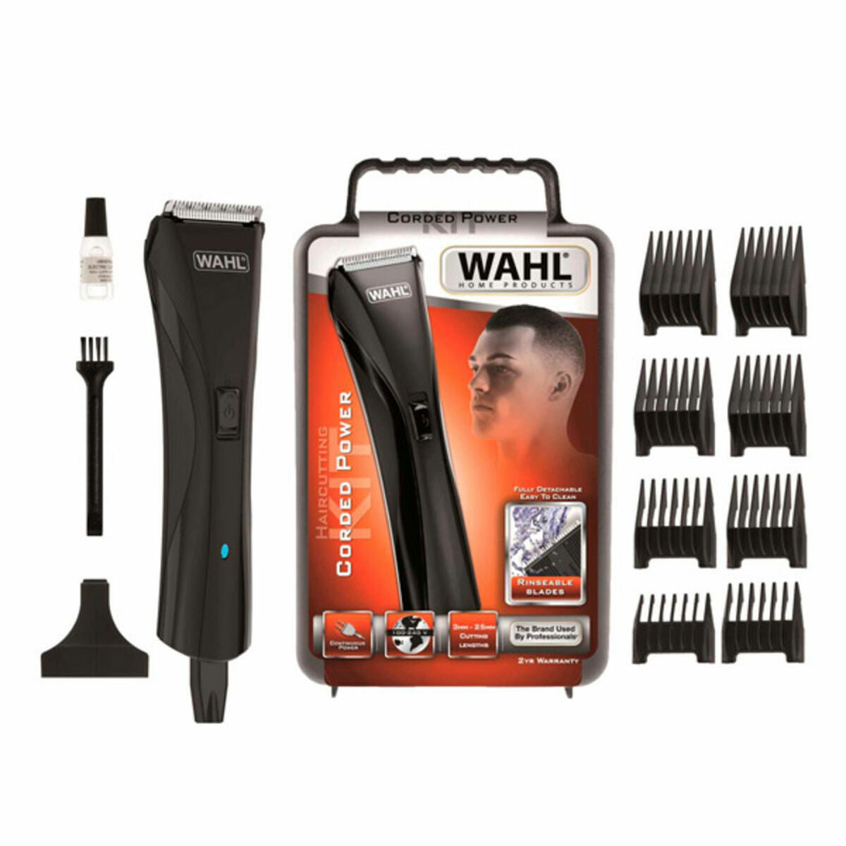 Tondeuse Wahl 9699-1016 avec accessoire, lames auto-affûtées, niveaux réglables et étui de rangement.