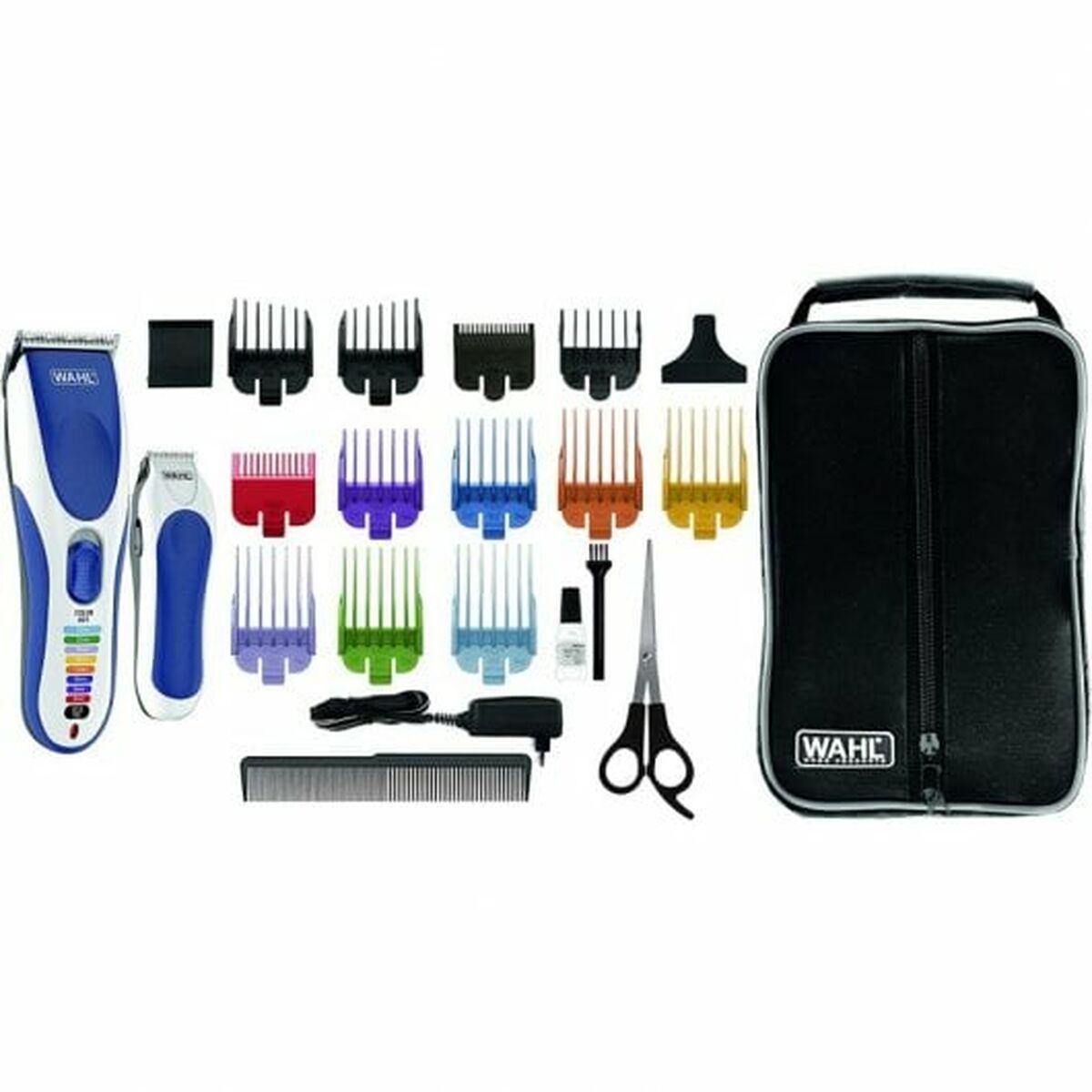 Tondeuse Wahl 09649-916 kit avec peignes, ciseaux, pinceau et sac de transport, pour coupe de cheveux sans fil.