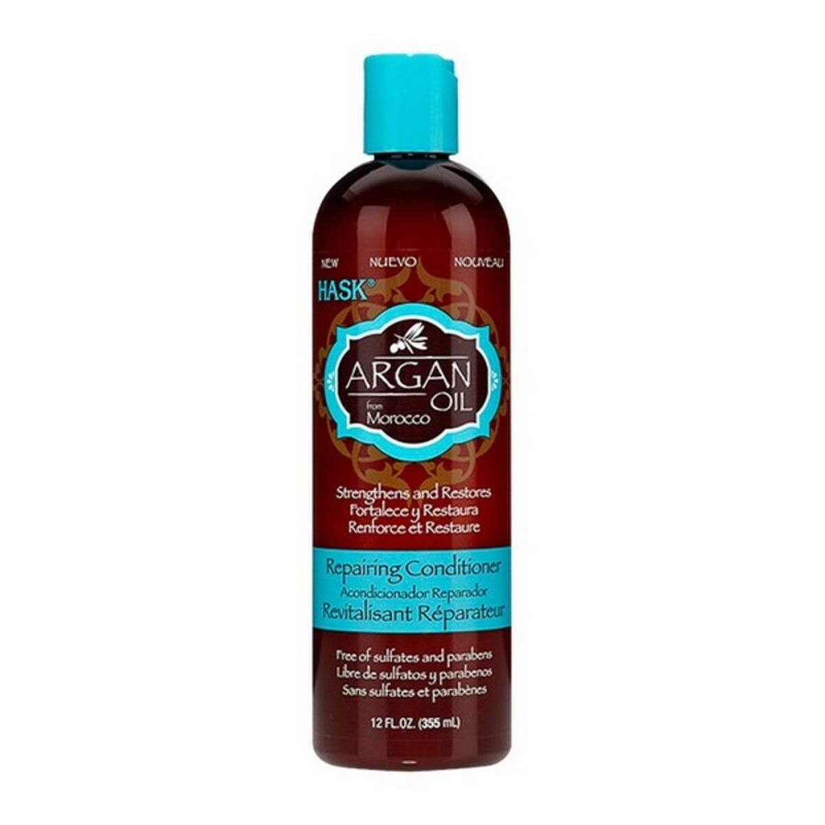 HASK Argan Oil Repairing Conditioner, 355 ml bottle, enhances and restores damaged hair, sulfate-free.