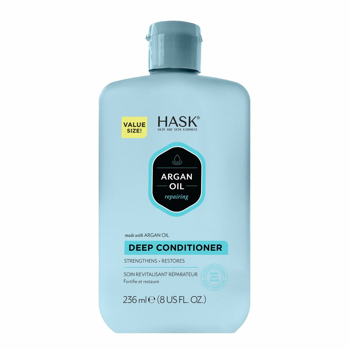 Masque réparateur HASK Argan Oil, 236ml, pour cheveux abîmés, unisexe, renforce et restaure.