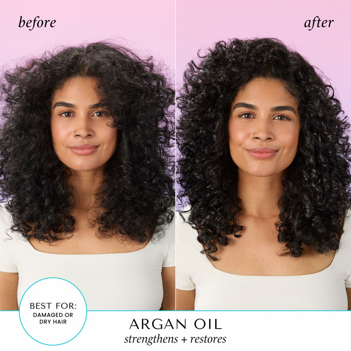 Before and after results using HASK Argan Oil masque for damaged hair, showcasing strengthened and restored curls.
