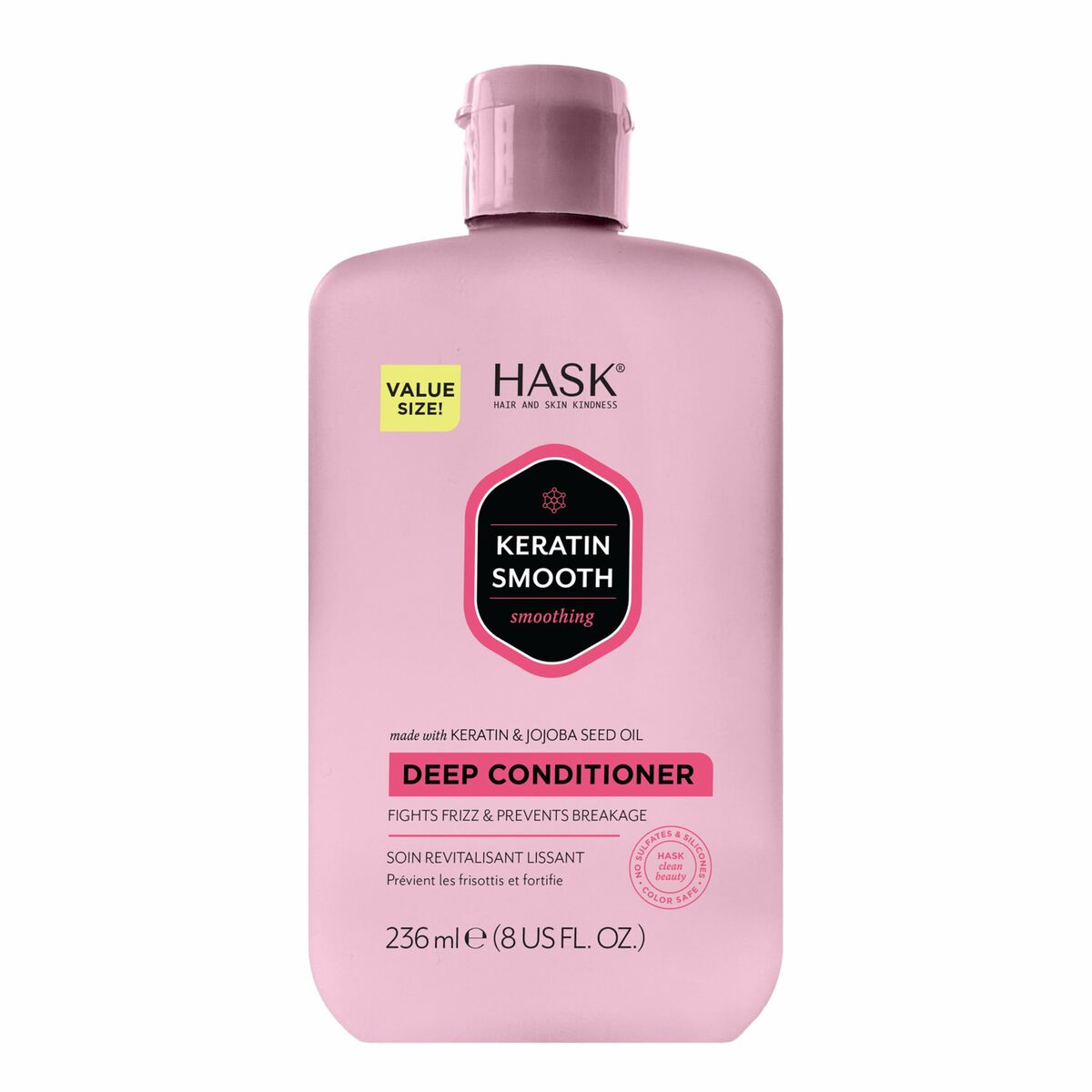 HASK Keratin Smooth Deep Conditioner bottle, 236ml, fights frizz and prevents breakage, value size for effective hair care.