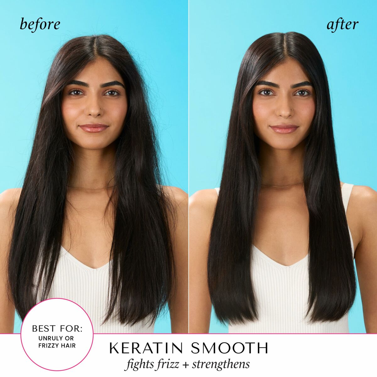 Before and after comparison of keratin treatment showing smooth, frizz-free hair.