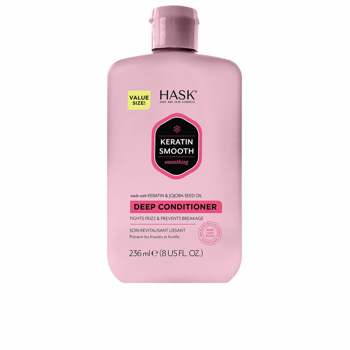 HASK Keratin Smooth Deep Conditioner in pink bottle, fights frizz and prevents breakage, value size 236 ml.