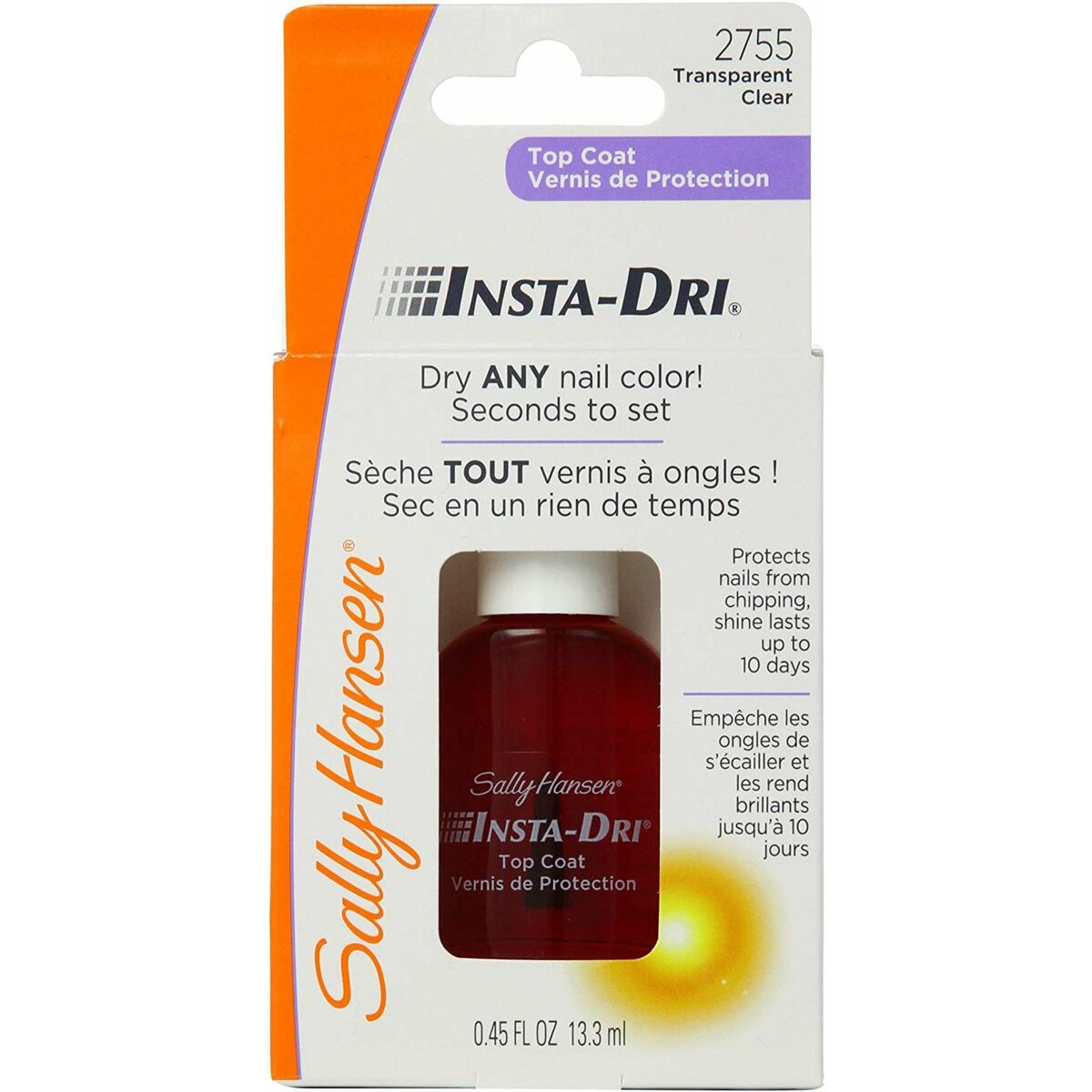 Sally Hansen Insta-Dri nail polish top coat 13.3 ml packaging, clear finish, fast drying formula.