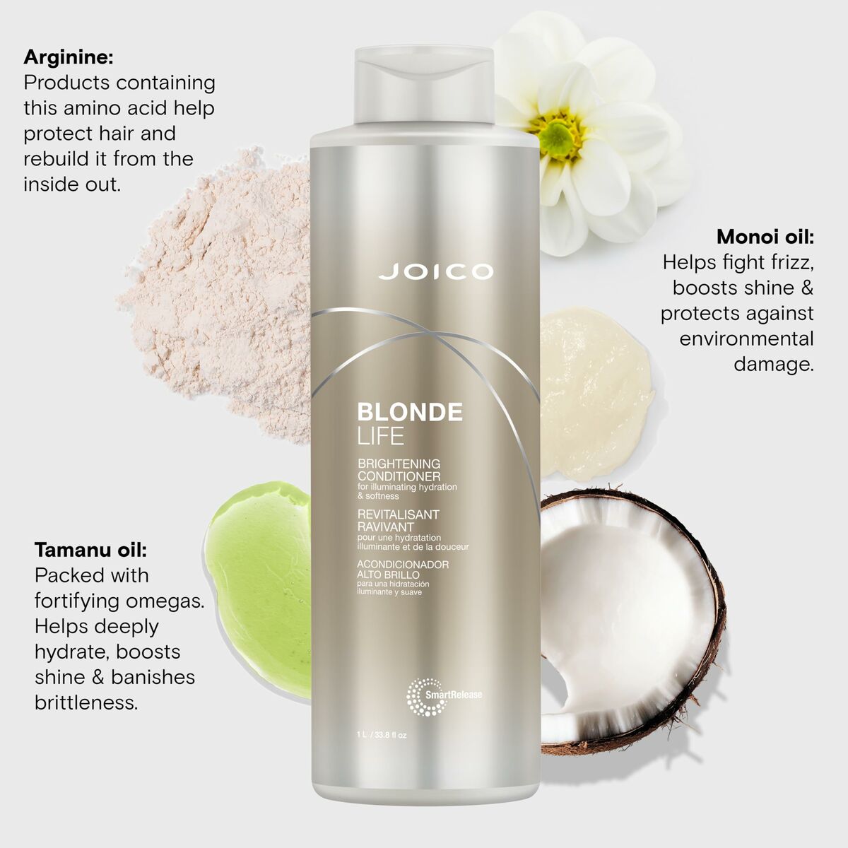 Joico Blonde Life Brightening Conditioner 1L with natural ingredients, enhances shine and protects blonde hair from damage.