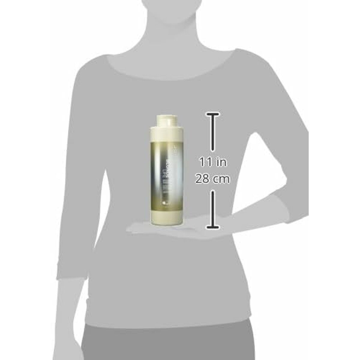 Joico BLONDE LIFE shampoo bottle, 11 inches in height, displayed by a silhouette for size perspective.