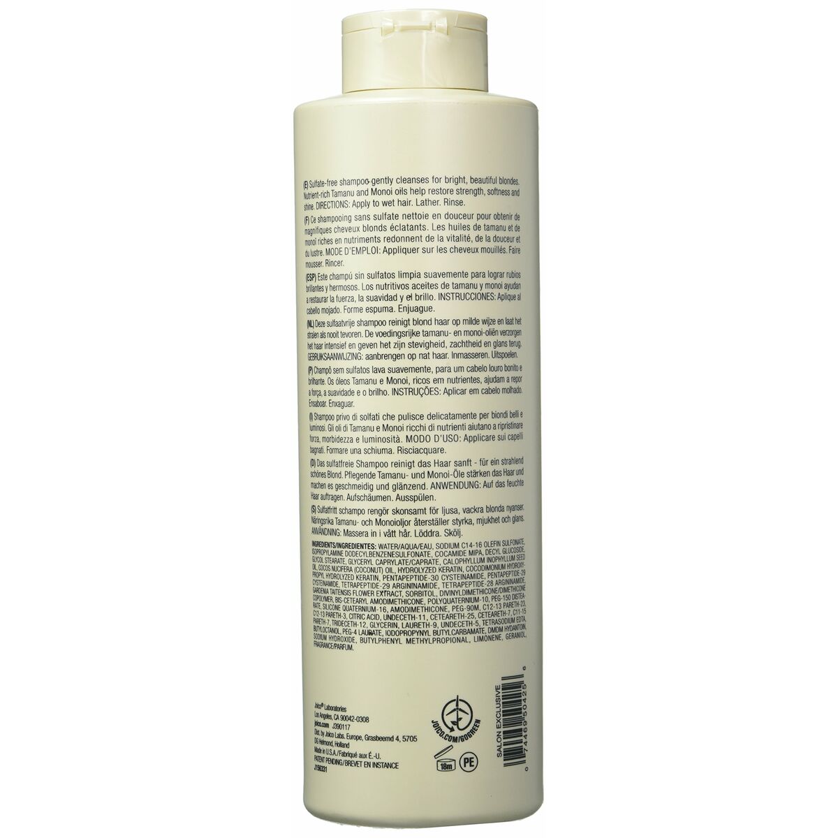 Back label of Joico BLONDE LIFE shampoo showcasing ingredients and usage instructions.