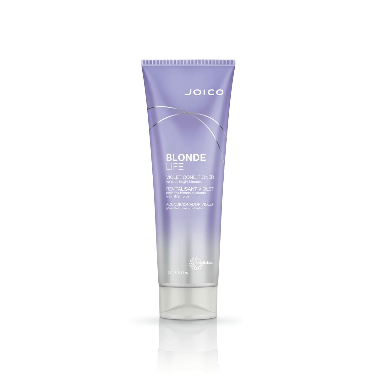 Après-shampooing Joico Blonde Life 250 ml, revitalisant violet pour cheveux colorés, non testé sur animaux, texture crème.