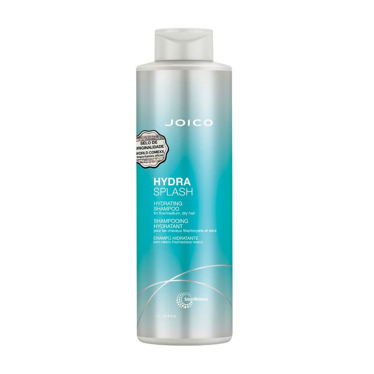 Joico HYDRA SPLASH hydrating shampoo for fine, dry hair in a sleek silver and turquoise bottle.