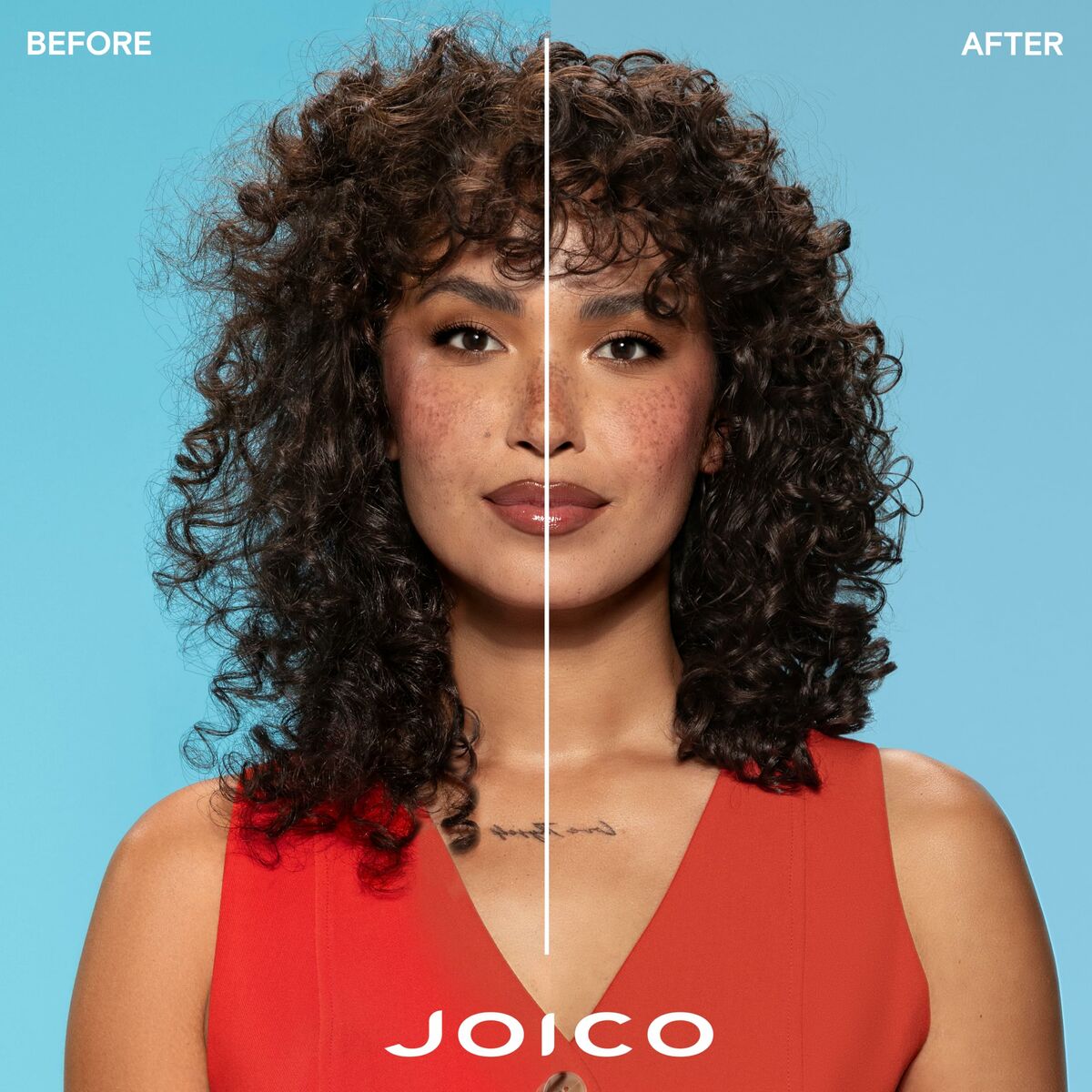 Comparative hair transformation image showing Joico results before and after treatment on curly hair.
