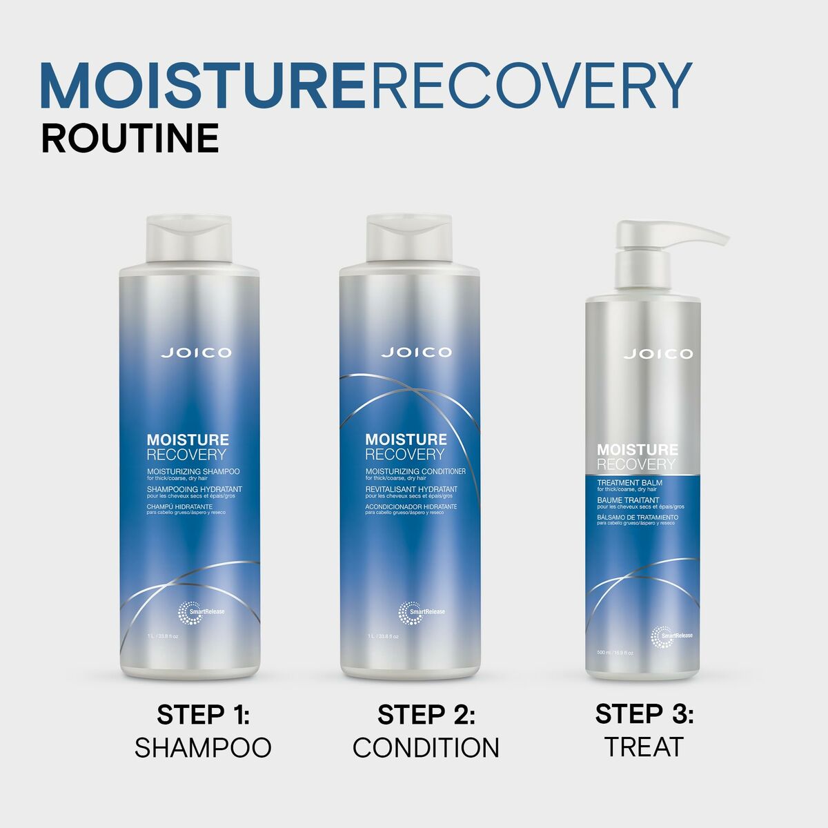 Joico Moisture Recovery routine with shampoo, conditioner, and treatment for hydration.