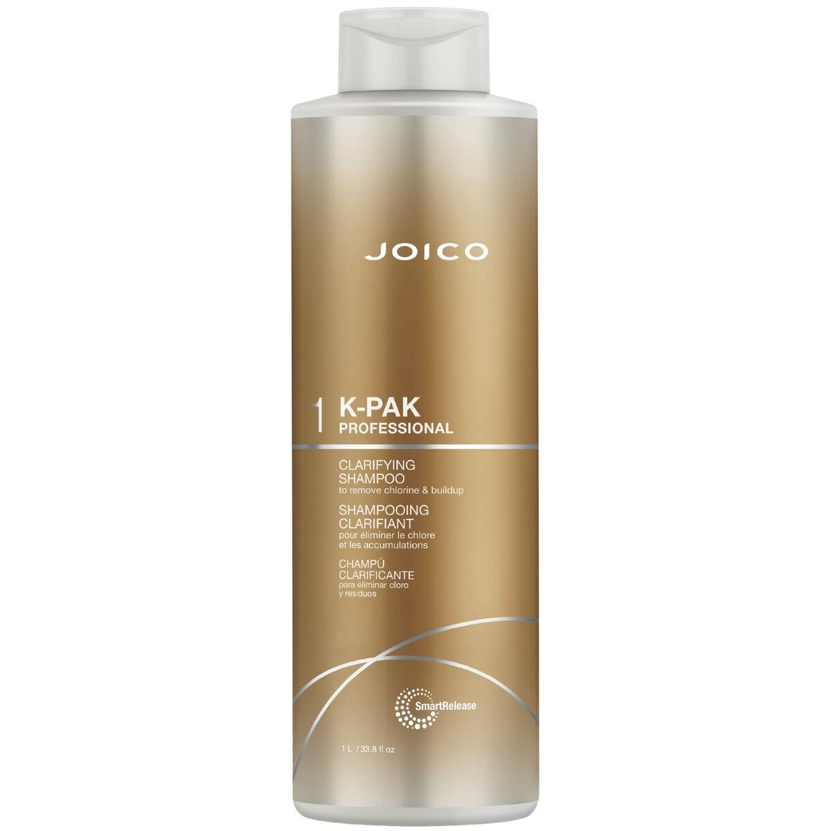 Joico K-PAK 1 L clarifying shampoo bottle for all hair types, unisex, cruelty-free, and enriched with nourishing ingredients.