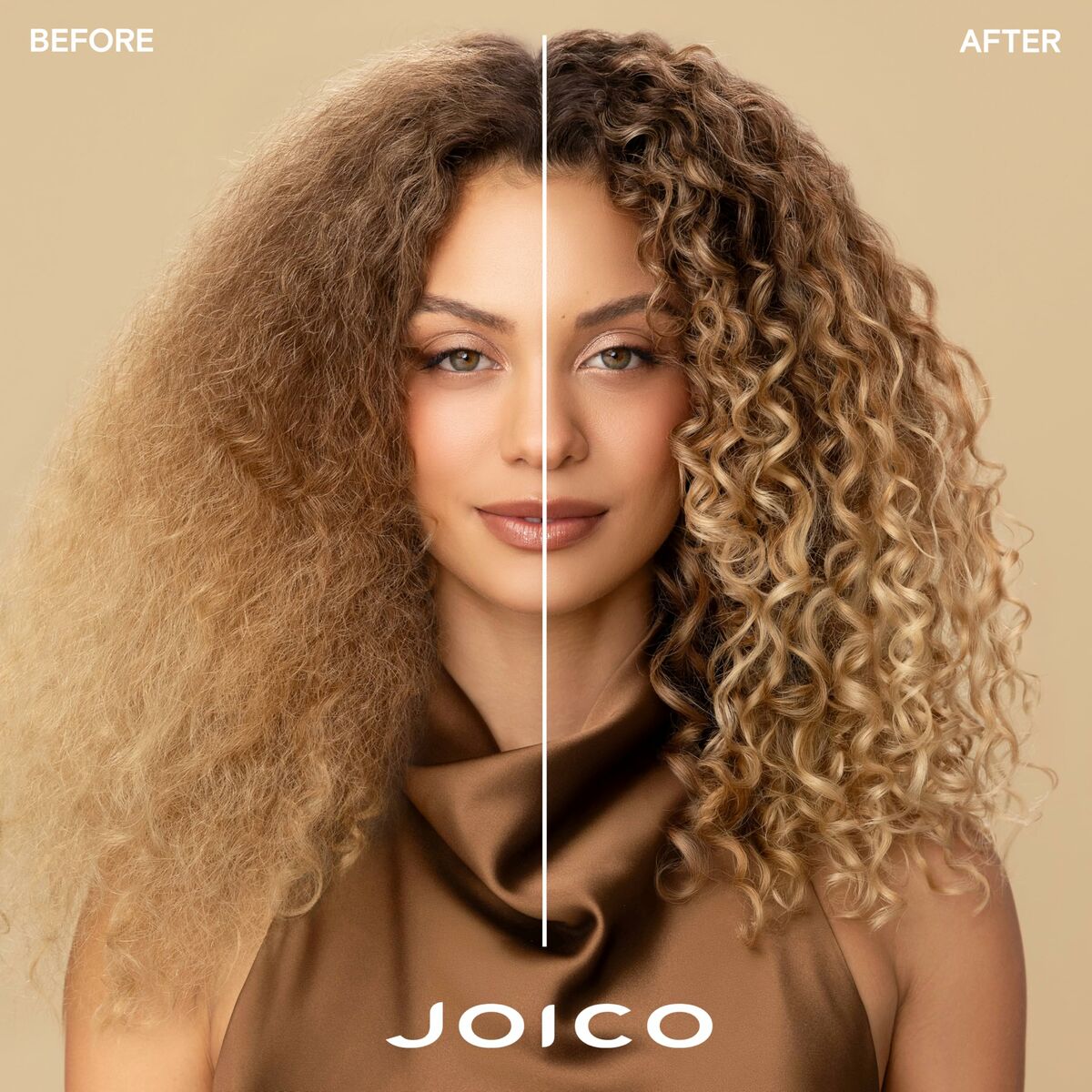 Image showing the dramatic before and after results of using Joico K-PAK shampoo on curly hair.