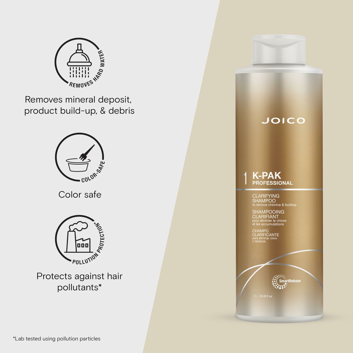 Joico K-PAK 1 L clarifying shampoo, removes buildup, color safe, protects against hair pollutants.