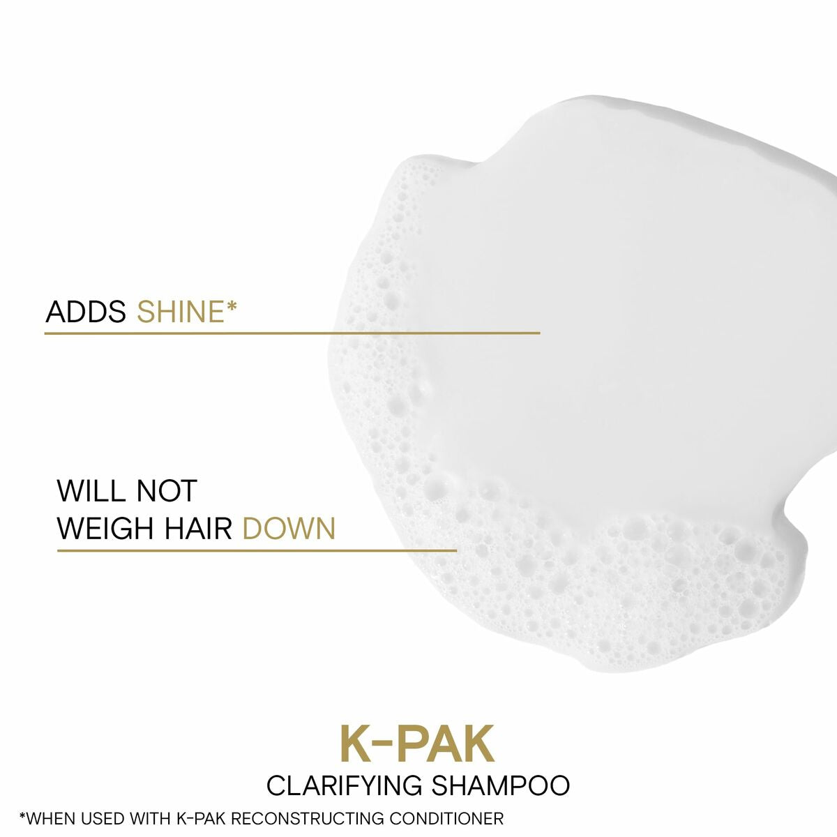 K-PAK clarifying shampoo foam, emphasizes shine without weighing hair down, ideal for healthy hair care.