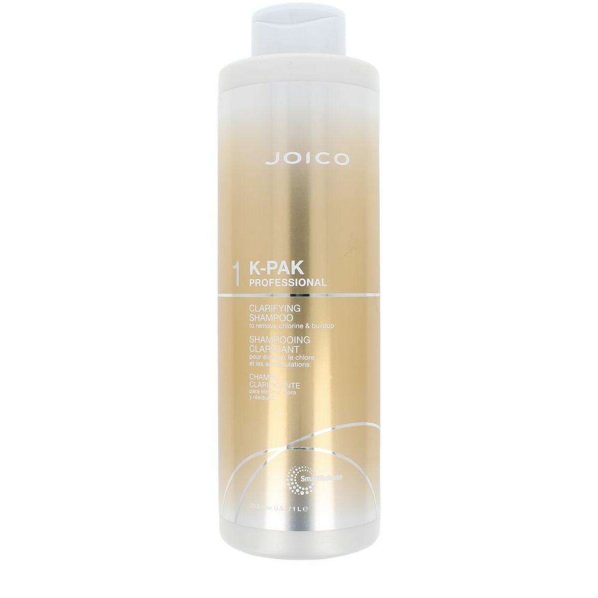 Joico K-PAK 1 L clarifying shampoo bottle for all hair types, cruelty-free, professional hair care.