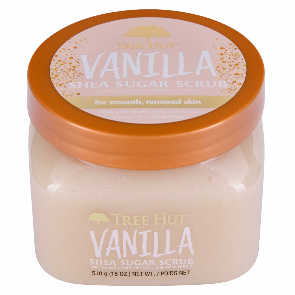 Tree Hut Vanilla Shea Sugar Scrub 510g for smooth, renewed skin, vegan, paraben-free body exfoliant.