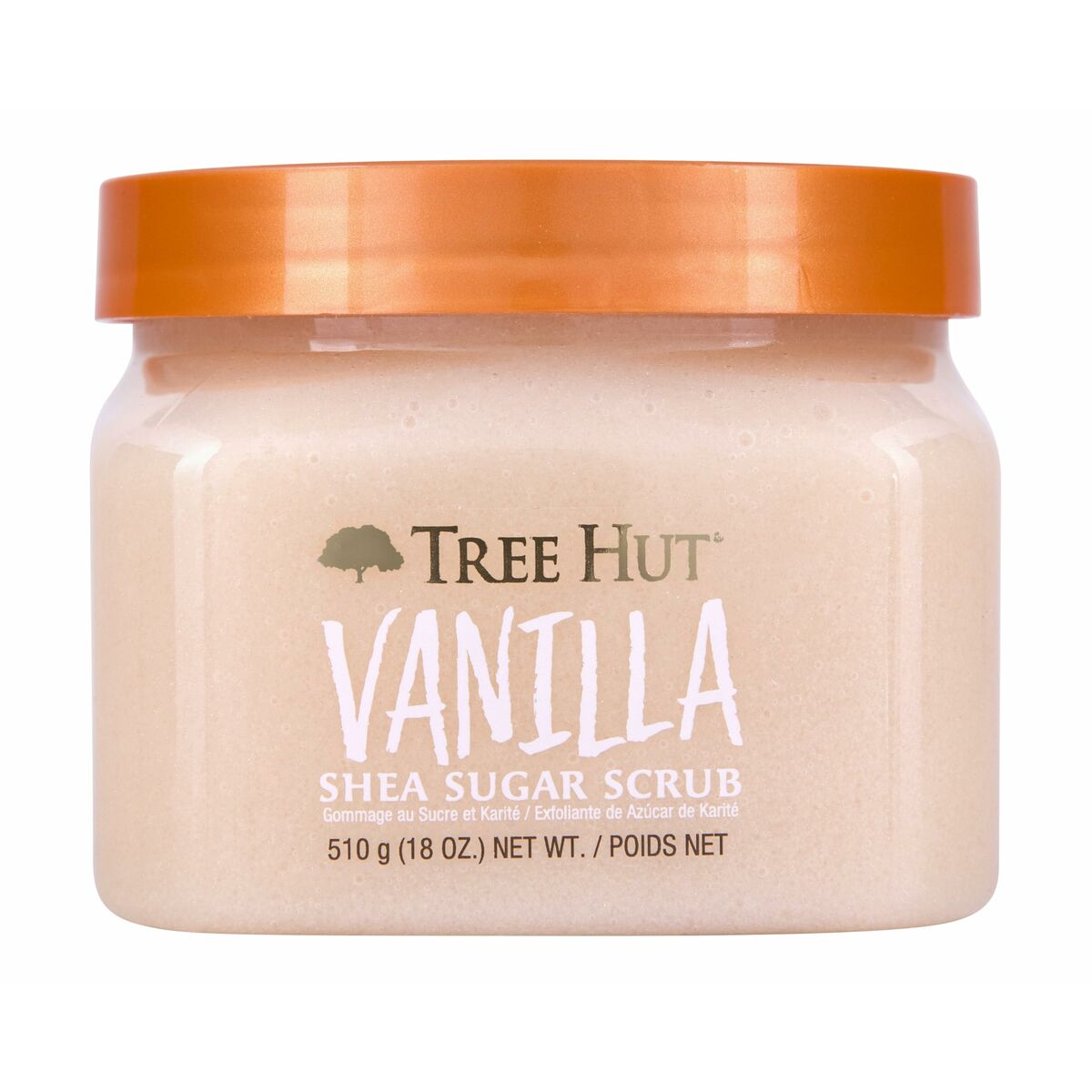 Exfoliant corps Tree Hut Sugar Scrub Vanilla 510g, végan, sans alcool et sans paraben pour un soin doux.