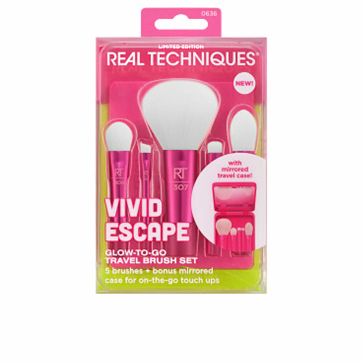 Kit de broche de maquillage Real Techniques VIVID ESCAPE avec 5 pinceaux et étui miroir, édition limitée.