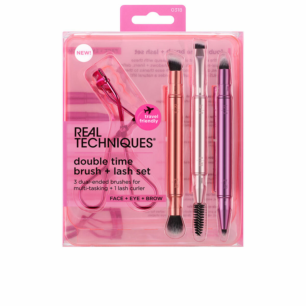 Kit de broche de maquillage Real Techniques avec 3 pinceaux double face et recourbe-cils, design pratique et coloré.