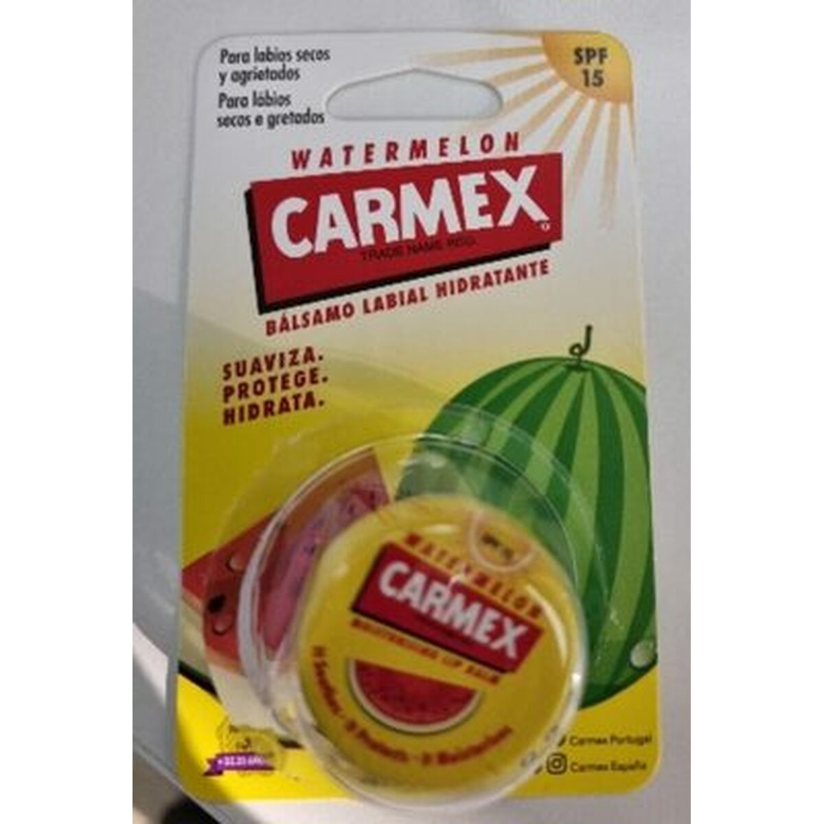 Baume à lèvres Carmex Jaune SPF 15 goût pastèque, hydratant et protecteur pour lèvres sèches.