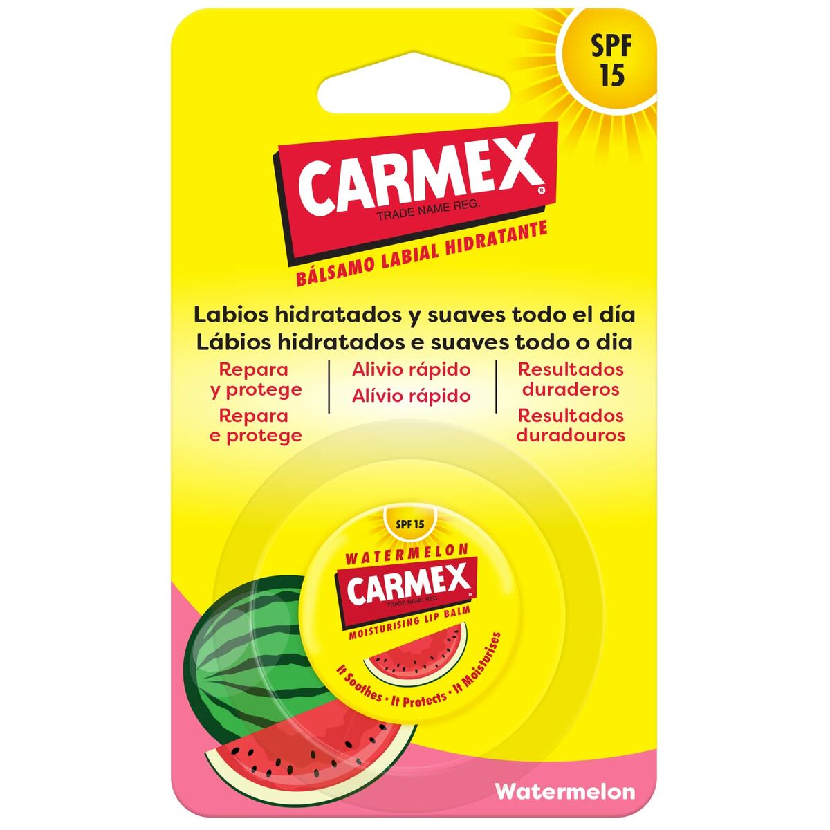 Carmex Lip Balm Yellow SPF 15 in Watermelon flavor, moisturizing and hydrating lip care product.