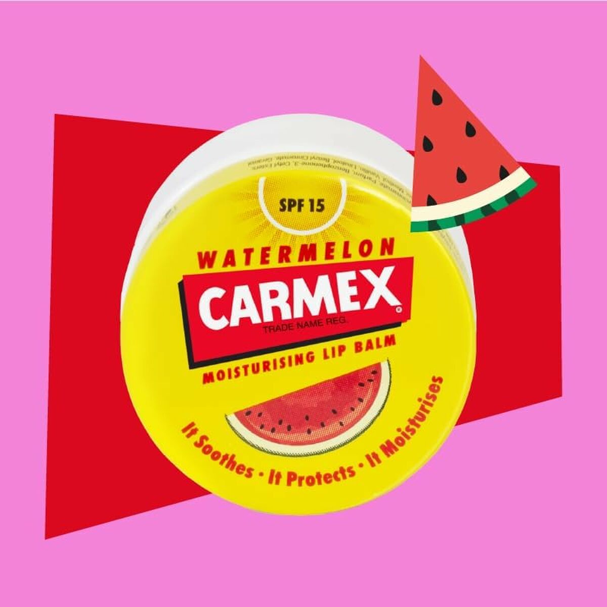 Carmex Watermelon Lip Balm SPF 15 in yellow container on pink background, moisturizes and protects lips.