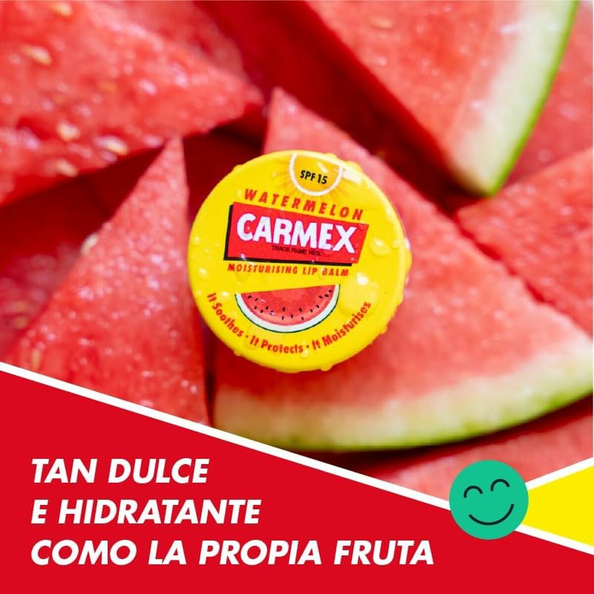 Carmex Watermelon Lip Balm SPF 15 on fresh watermelon slices, emphasizing hydration and fruit flavor.