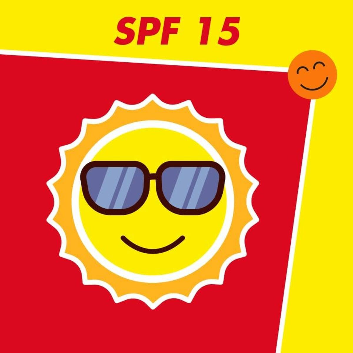 Illustration d'un soleil souriant avec lunettes, indiquant SPF 15, sur fond rouge et jaune.