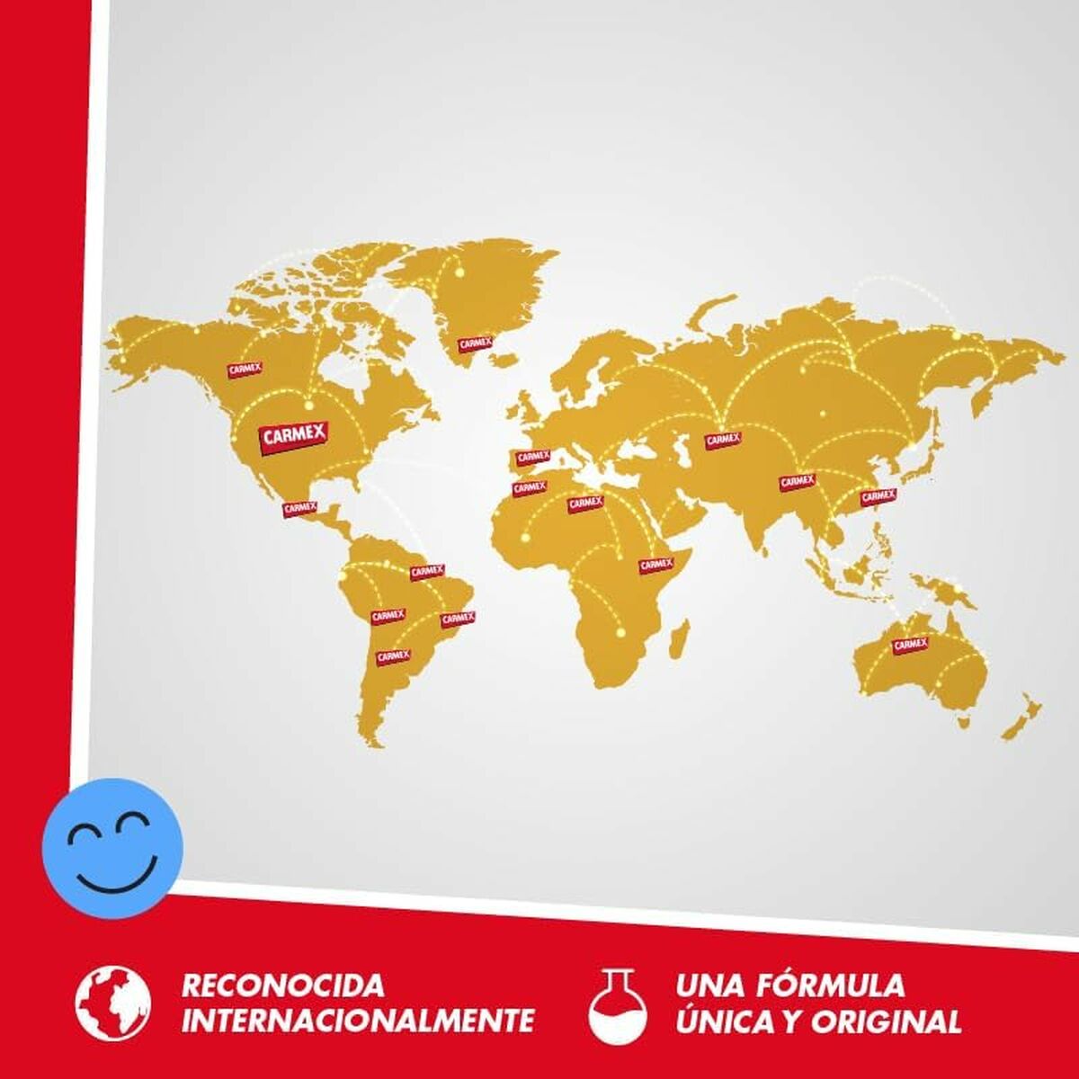 World map highlighting locations of Carmex products with a cheerful design.