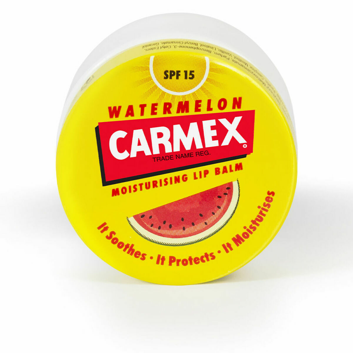 Carmex Watermelon Lip Balm SPF 15 in bright yellow packaging, known for its moisturizing properties and classic design.