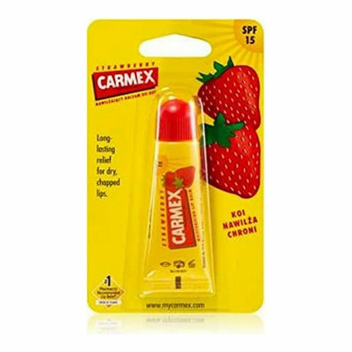 Carmex Strawberry lip balm with SPF 15 in yellow packaging for dry, chapped lips care.