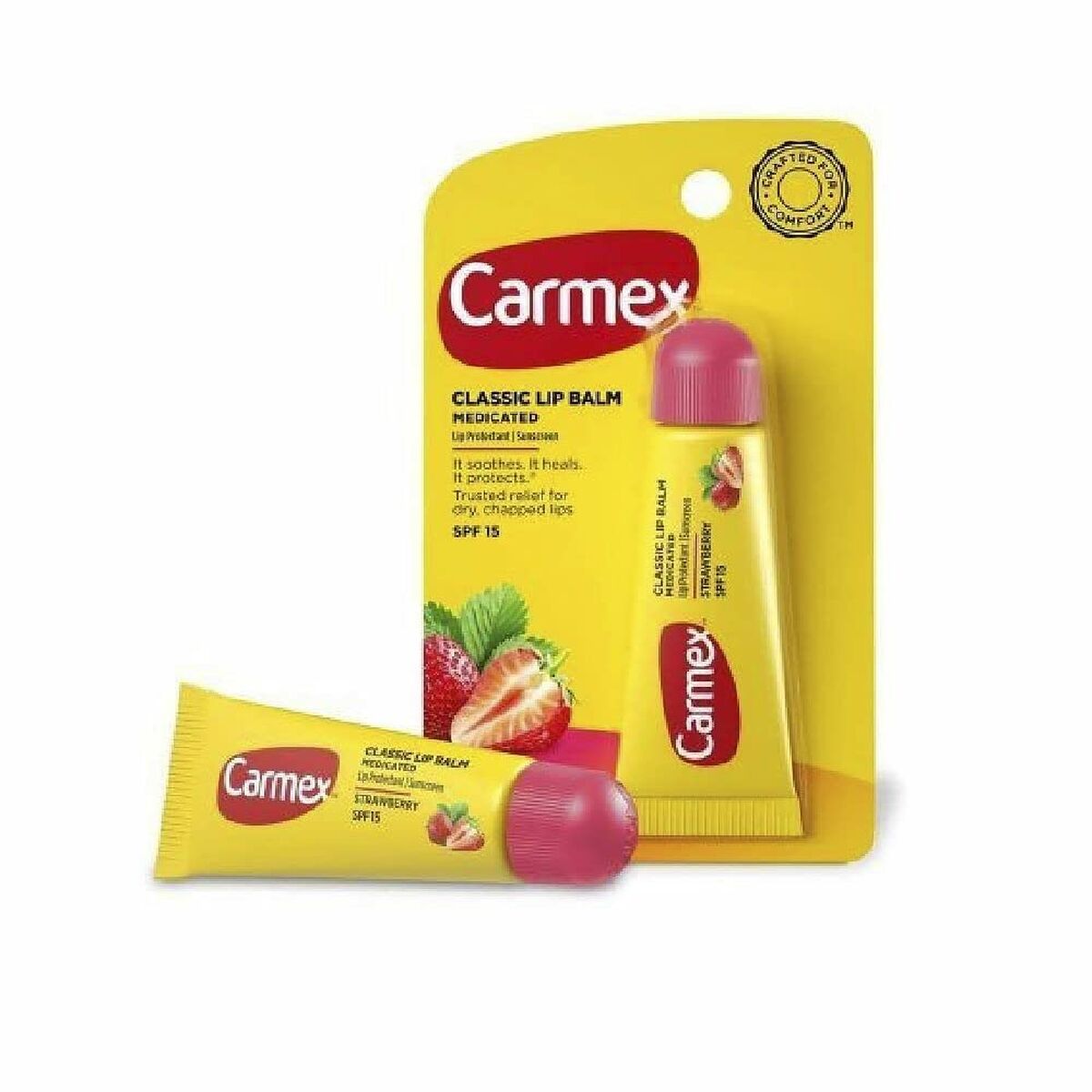 Carmex hydrating lip balm tube in strawberry flavor with yellow packaging, ideal for all skin types.