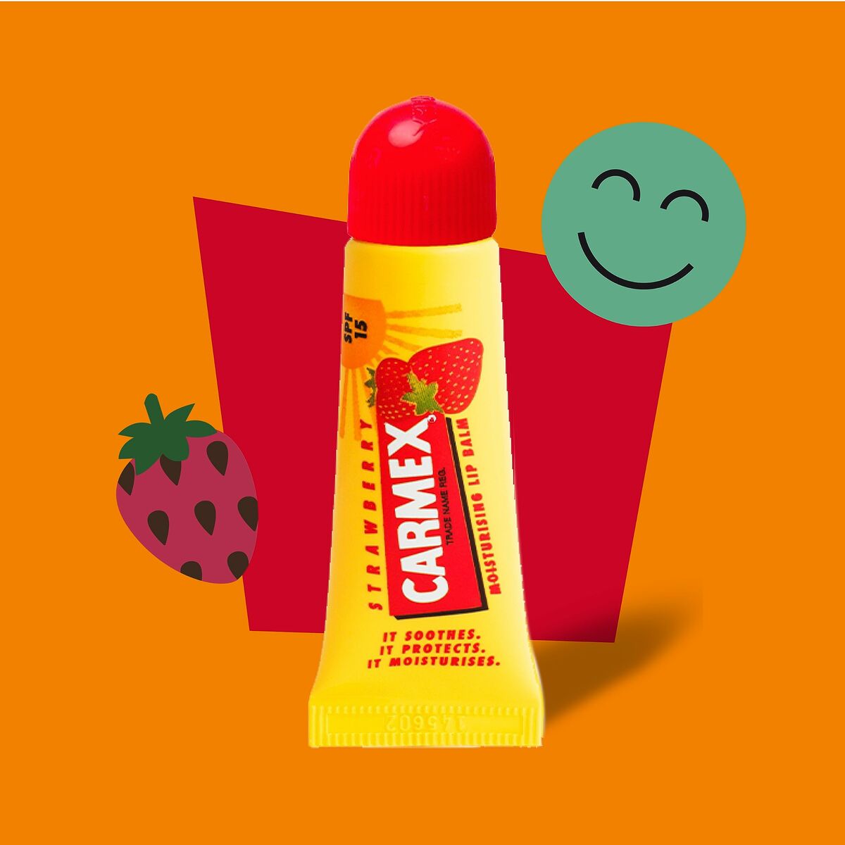 Carmex Strawberry Lip Balm, hydrating formula in yellow tube with strawberry graphics, perfect for all skin types.