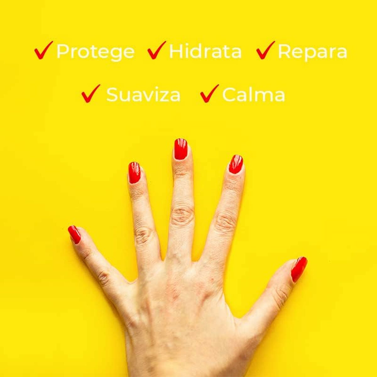Main hand with red nails on yellow background showcasing benefits: protege, hidrata, repara, suaviza, calma.