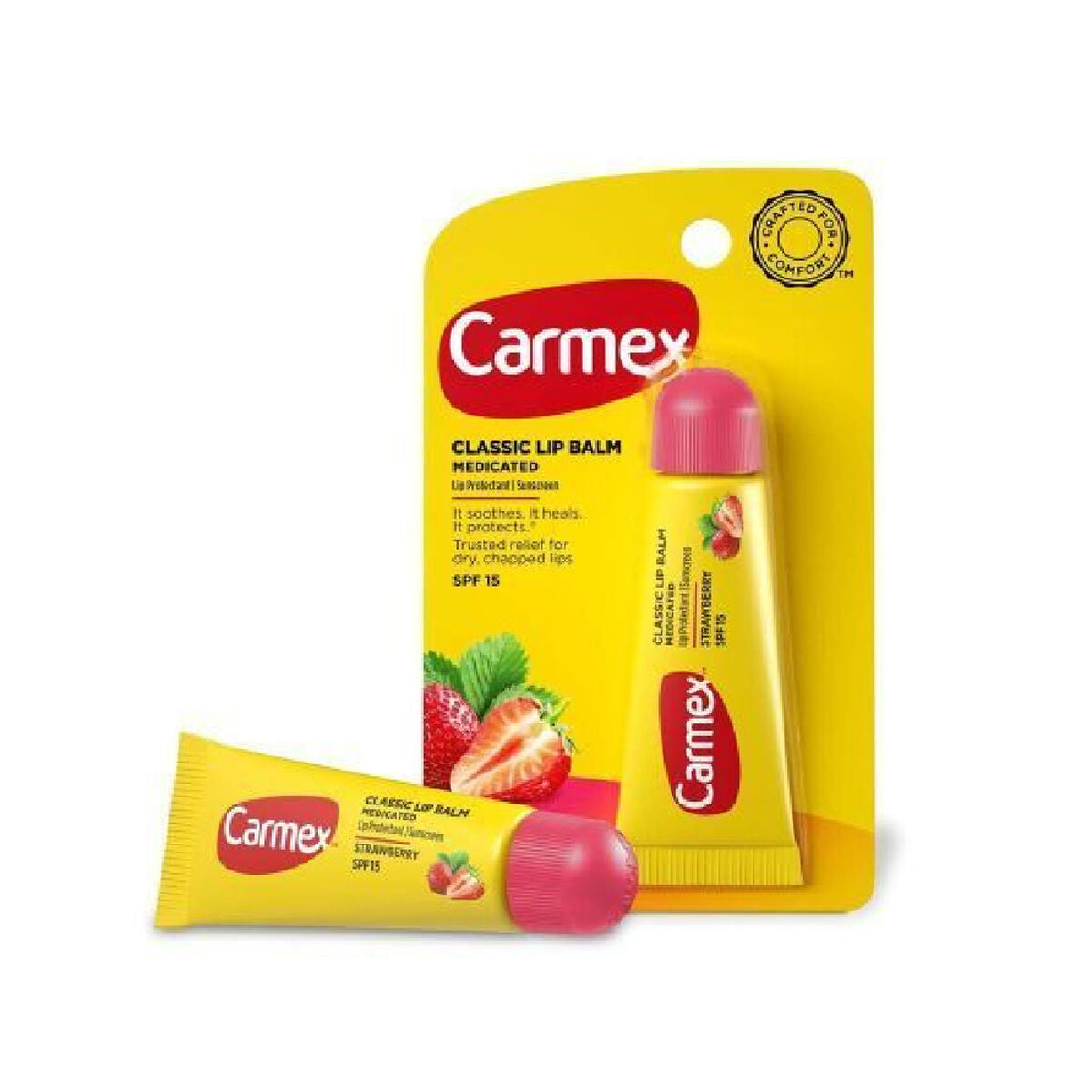 Baume à lèvres hydratant Carmex Strawberry dans un emballage jaune, idéal pour les lèvres sèches avec protection SPF 15.