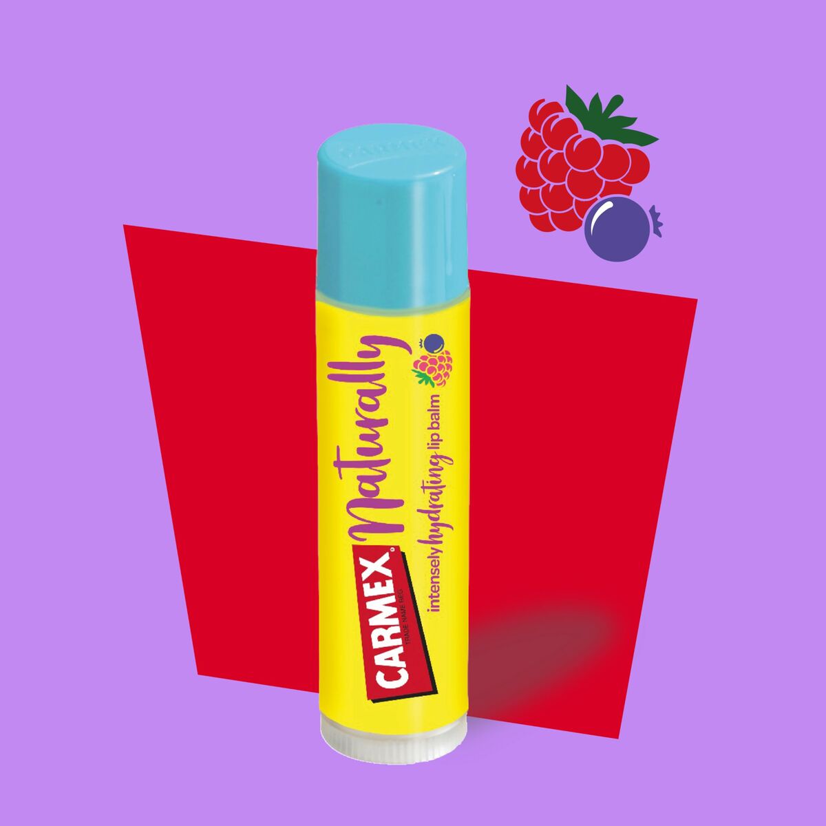 Carmex Hydrating Lip Balm with Raspberry Flavor on a colorful background